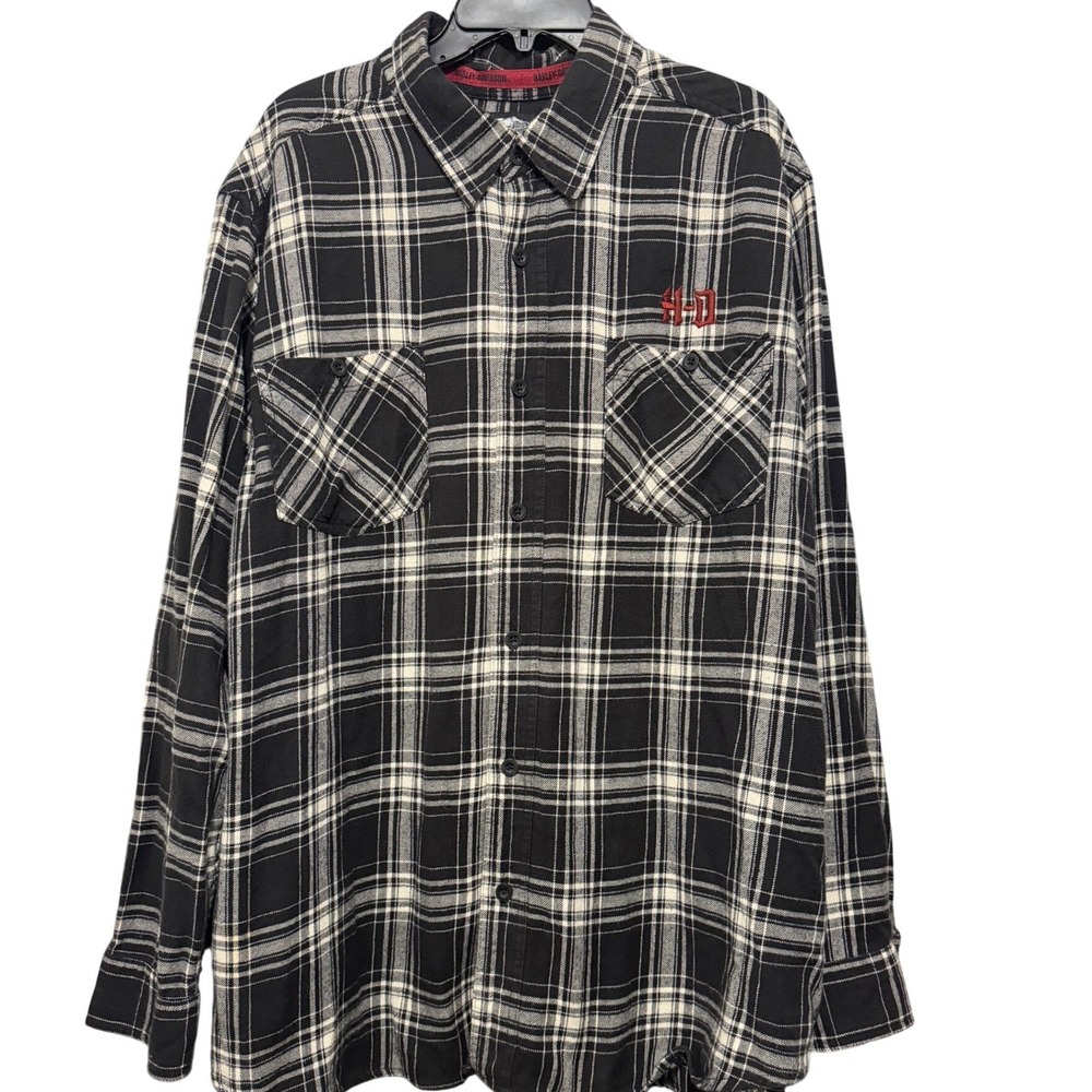 Harley-Davidson Mens 2XL Black White Plaid Flannel Button Down Shirt Embroidered
